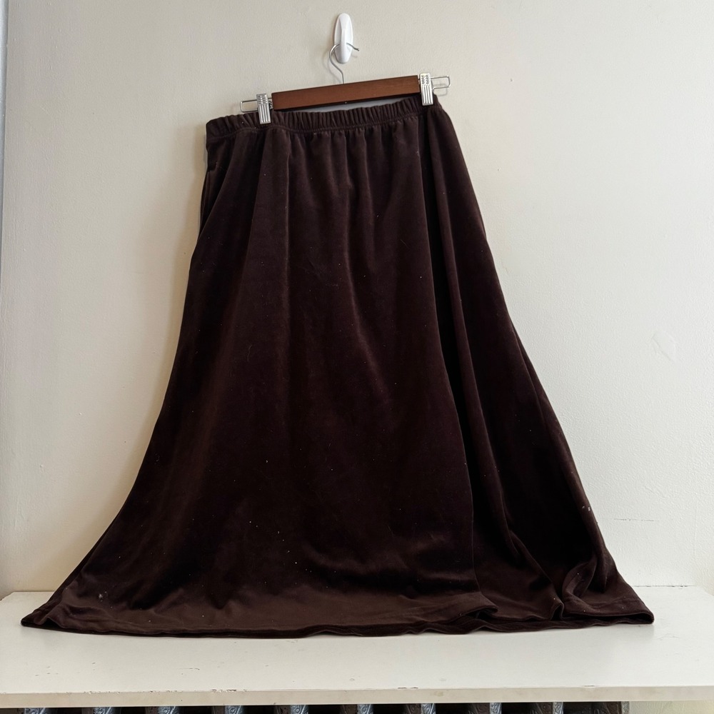 Woman Within Sz L Chocolate Brown Velour Maxi Skirt Elastic Waist Fall Layers